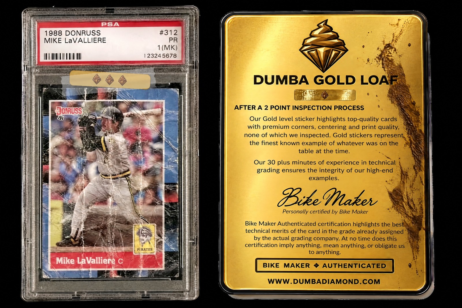 The stickered slab beside its DUMBA Gold Loaf certificate